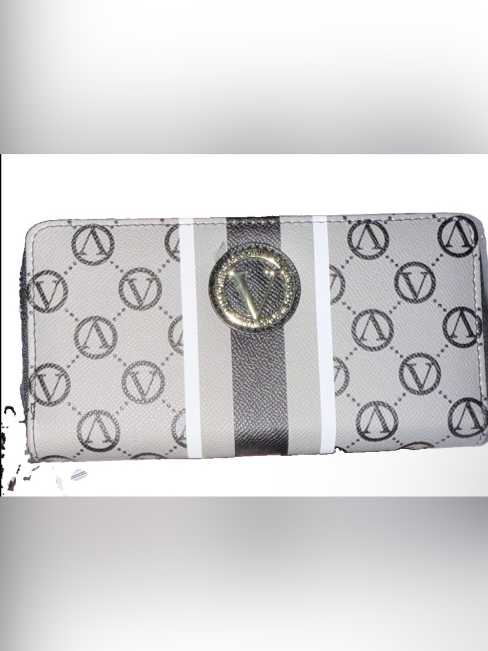 Vera New York Signature Zip Around Wallet Black Logo Stripe Womens NWT‎